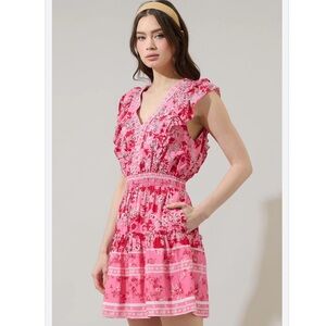 Sugarlips Women’s Meg Pink Floral Tera Ruffle Sleeve Mini Sun Dress XS